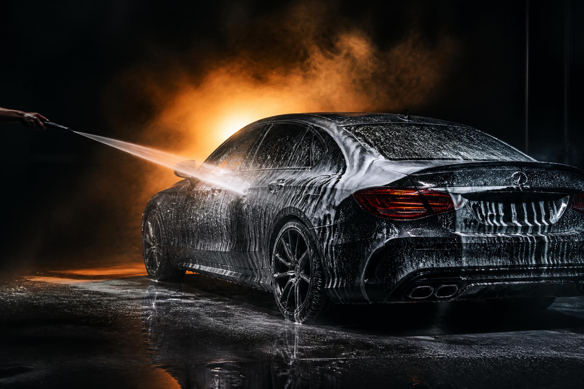 Luxury sedan covered in white foam during a premium doorstep car wash